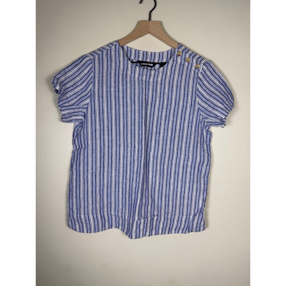 LANDS END Coastal Old Money Linen Blouse Women S Blue White Striped Nautical Top